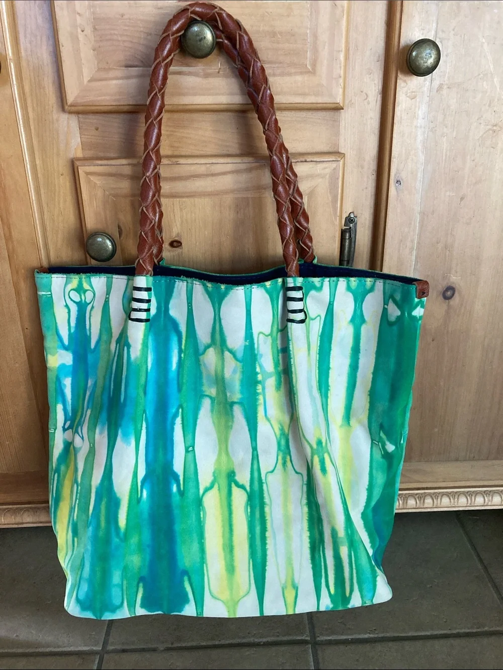 Green & Teal Watercolor Tote Bag with Braided Brown Handles